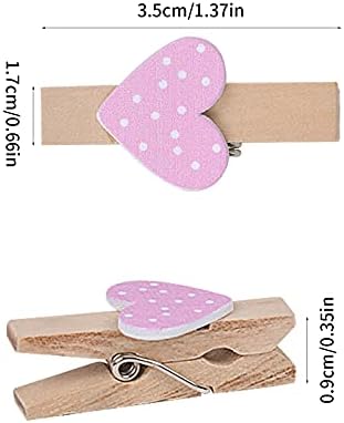 50 Pcs Wooden Photo Display Clips Colored Mini Wooden Heart pegs, Craft Photo Clips DIY Craft Clips with Jute Twine String, Wall Hanging Picture and Cards (3.5cm)