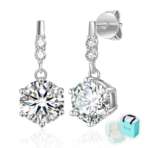 Moissanite Dangle Stud Earrings for Men Women, 2-4CT White Gold Plated 925 Sterling Silver Moissanite Drop Earrings, Jewelry Present for Her Mother Mom Wife (White Gold Plated, 2ct pair/ 1ct each)