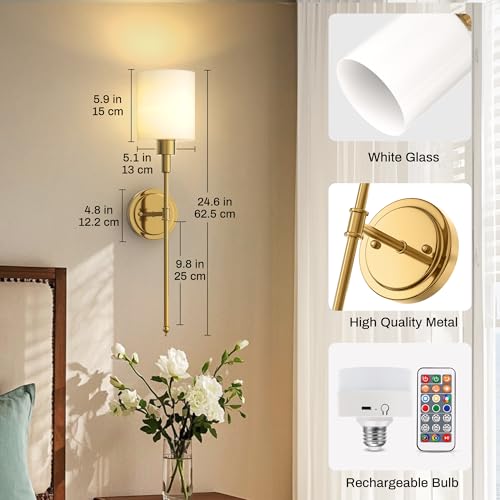 Image of DORESshop Battery Operated Wall Sconce Set of 2, Wireless Wall Light Easy to Install, 10 Color, Sconce Wall Decor Set of 2 for Bedroom, Living Room, Gold and Milky White Glass Shade, 24.3in