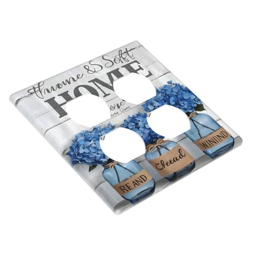 Decorative Outlet Covers Blue Flower Bottles Wood Plank 2 Gang Wall Plate Cover Double Duplex Receptacle Two Switch Light Switch Cover Plate Jumbo Dual Faceplate