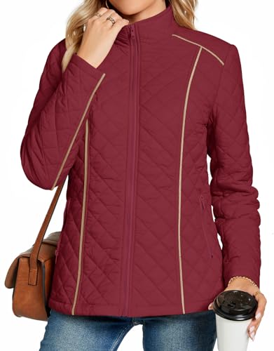 Anyhold Women's Lightweight Full Zip Jacket Diamond Quilted Coat Long Sleeve Stand Collar Trendy Winter with Pockets