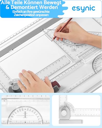 eSynic Zeichenplatte DIN A4 mit Drehkreis Zirkel Einfache Multifunktions Zeichentisch A4 Zeichenbrett Schnellzeichendreieck mit Parallel-Lineal & L-System für Studenten Designer exaktes Arbeiten