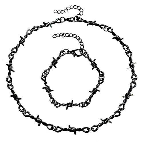 Dreuyet Parure de bijoux gothique avec collier et bracelet en fil de fer barbelé pour homme et femme, unisexe, style punk, hip-hop, rock, bracelet réglable,...