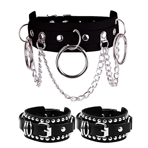 3 Pcs Women's Soft Leather Choker Necklace and Bracelets Wristbands Set, Cool Punk Goth Emo Accessories for Rocker Man