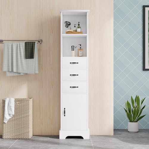 ZKLOEP Mueble de baño alto, 38 x 26 x 172,5 cm, totalmente lacado para resistencia a la humedad, TRES cajones, estantes dobles abiertos, puertas de armario, estantes ajustables, color blanco.
