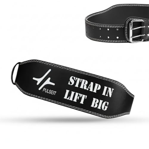 PULSEFIT Weightlifting Belt, Black Leather, Double Prong Buckle, Strap In Lift Big Design