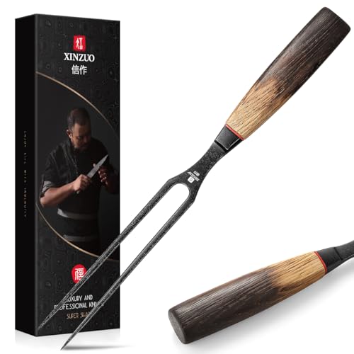 XINZUO 31,5cm Tenedor de Trinchar de Carne Acero Inoxidable 430 | Profesional Tenedor de Barbacoa Chef de Cocina -Mango Ergonómico de Roble Blanco -con Caja de Regalo -Serie Mo