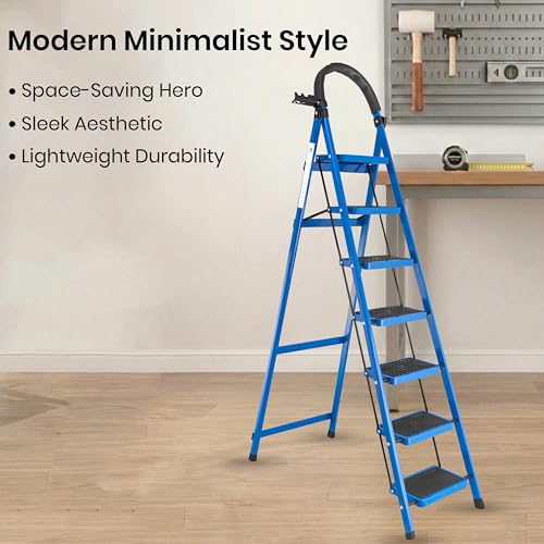 Image of Norman Jr Blue 7 Step Ladder for Home Use with Built-in Tool Tray | Heavy Duty D Shape Rods | Ultra Large Platform | Wide Rubber Feet | 150Kg Capacity Foldable Ladder - 7 Years Warranty