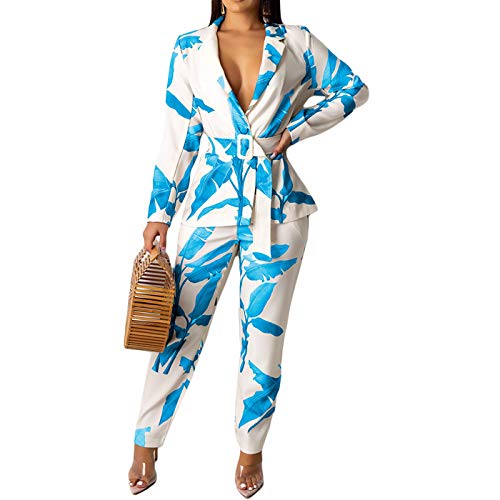 Womens 2 Piece Outfits Long Sleeve Suits Business Blazers with Pants Floral Light Blue XX-Large