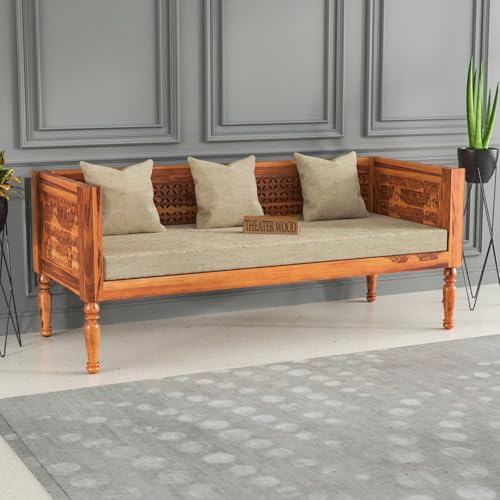 Image of Sheesham Wooden 3 Seater Sofa for Living Room | Rosewood Cushion Sofa | Solid Wood Sofa Set for Lounge (Honey, 3 Seater)