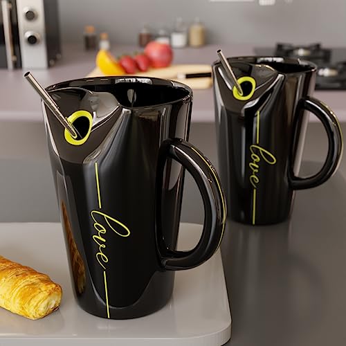 The Earth Store Ceramic Sipper Glass with Straw Flask Mug Coffee Sipper with Straw Sipper Cups for Adults (Set of 2, 460 ml Each, Black)