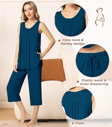 Image of NACHILA Pajamas for Women-Viscose Made from Bamboo, Sleeveless Pjs Top and Capri Pants Pajama Set Cool Pleated Sleepwear