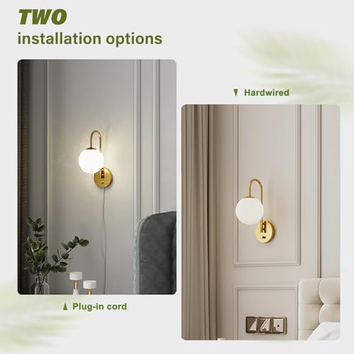 Image of Plug in Wall Sconces Decor Set of Two, Modern Gold Globe Wall Lamp, Stepless Dimmable Gooseneck Wall Light for Living Room Bedroom Hallway, Milky White Glass Shade, 2-Pack E12 Bulb, Optional Hardwired