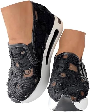 Women's Floral Embroidered Platform Wedge Sneakers, Mesh Slip-On Shoes (Black-a,9)