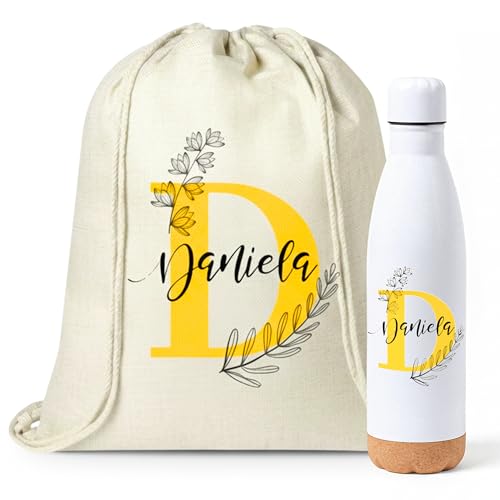 Gifters | Pack Mochila Cuerdas Infantil Personalizada y Botella Térmica Personalizada | inicial y Nombre | Botella de 750 ml | Bolsa Ropa Guarderia | Botella Agua Acero Inoxidable (INICIAL)