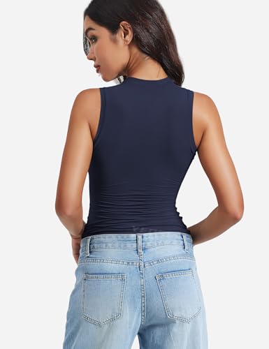 Image of YEOREO Women Basic Mock Neck Workout Crop Top Sleeveless Double Lined Tank Tee Slim Fitted Ruched Going Out Camisole