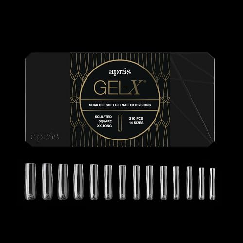 Apres Gel-X Square Box of Nail Tips | 210 Soft Gel Tips 14 Sizes 00-9 | Half-sizes Included (Sculpted Square Extra Extra Long 210 Count)
