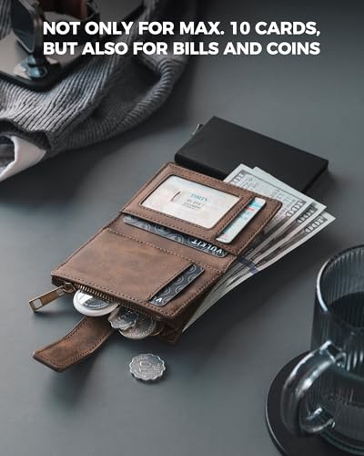 VULKIT Mens Wallet RFID Protected with POP UP Credit Card Ejector Case, ID Window, Zipper Pocket for Coins and Compartment for Bills/Banknotes, Coffee Brown4