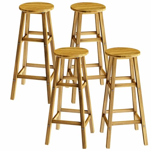 Image of CASARIA® Set of 4 Wooden Bar Stools | 75cm Tall Seat Height | Indoor Outdoor Kitchen Garden Breakfast Counter Barstools w/Footrest | Solid Rustic Acacia Wood | 150kg Capacity | Brown