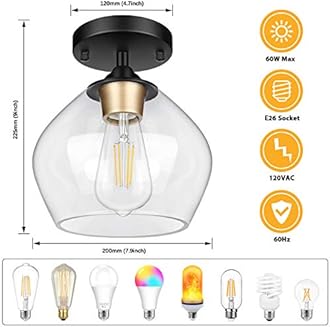 Modern Semi Flush Mount Ceiling Light with Clear Glass Shade, Industrial Close to Ceiling Light, Black Hanging Ceiling Light Fixture for Hallway, Dining Room, Bedroom, Entryway, Cafe, Bar, Foyer