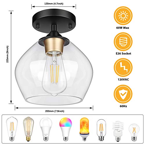 Modern Semi Flush Mount Ceiling Light with Clear Glass Shade, Industrial Close to Ceiling Light, Black Hanging Ceiling Light Fixture for Hallway, Dining Room, Bedroom, Entryway, Cafe, Bar, Foyer