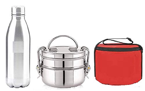 FUTENSILS Manav Stainless Steel Tiffin Box, Capacity-1120 ml(7X2), Steel Lunch Box, Single Piece Lunch Bag and Stainless Steel Water Bottle 750ml Model Name Cola, Dia-4.5, a FUTENSILS Steel Tiffin