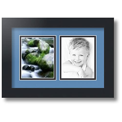 ArtToFrames Collage Photo Frame Double Mat with 2-4x5 inch Openings with Black Frame and Liberty Blue Top Mat