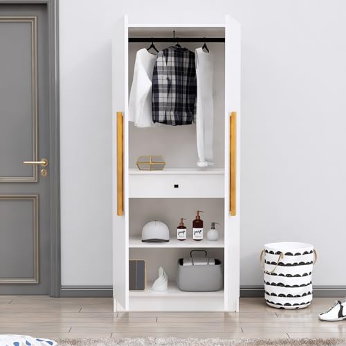 Image of Bniture 2 Door Wooden Wardrobe for Bedroom | Almirah for Clothes with 4 Shelves, Engineered Wood Wardrobe for Clothes | Cupboard for Bedroom (46D x 80W x 182H CM) | 3 Years Warranty (Frosty White)