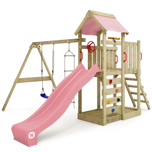 WICKEY Spielturm Klettergerüst MultiFlyer mit Schaukel & pastellpinker Rutsche, Outdoor Kinder Kletterturm mit Sandkasten, Leiter & Spiel-Zubehör für den Garten