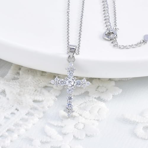 Silver Cross Necklace for Women White Gold CZ Easter Necklace Cubic Zirconia Diamond Pendant Necklaces Sparkling Dainty Moissanites Jewelry Easter Gifts for Daughter Birthday ,16+3inch Necklace Chain2