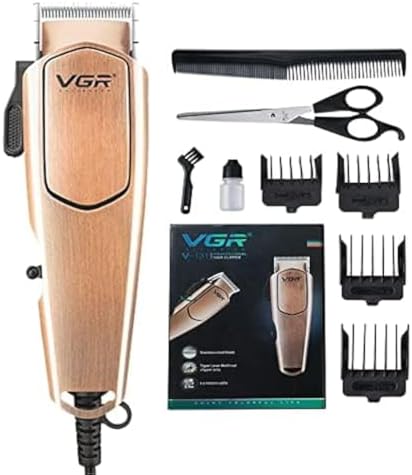 VGR V-131 Professional Corded Hair Clipper for Men, Stainless Steel Blade, 4 Guide Combs, Max 12mm Trim, 2.5m Cord, Taper Lever, On/Off Switch, Hanging Hook, Rose Gold Finish