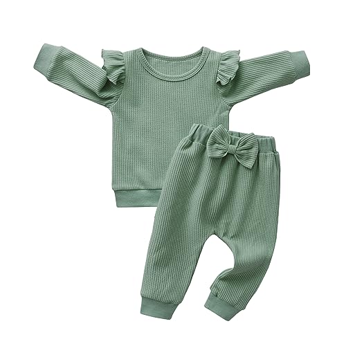 Image of Siracend 2pcs Baby Girl Love Heart Textured Ruffle Trim Long-sleeve Pullover and Bow Front Pants Clothes Set