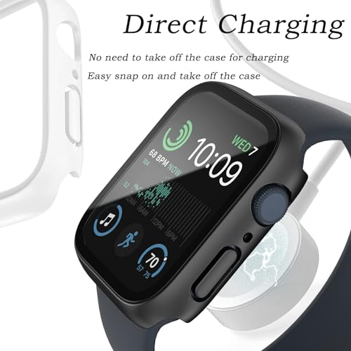 Image of Case Compatible with Apple Watch Series 8 & Series 7 41mm /45mm PC Bumper with Tempered Glass Screen Protector Matte Solid Color Hard Cover (Black, 45mm)