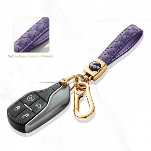 Image of Gkeygo Carabiner Keychain, Universal Heavy Duty Woven Handmade Leather Key Chain, Car Fob Key Keychains with 360 Degree Rotatable Snap Swivel and Anti-Lost D-Ring for Men and Women,Light Gold - Purple