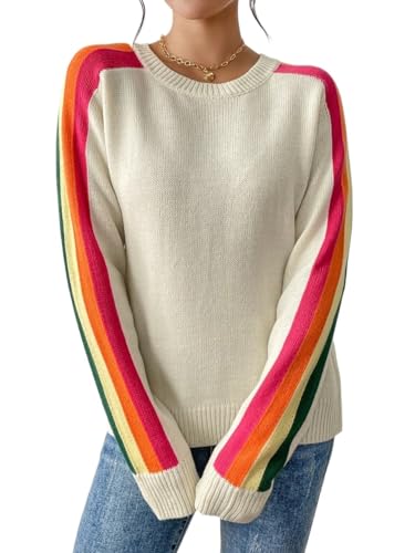Women Pullover Rib-Knit Sweater Striped Casual Crewneck Sweaters Long-Sleeve Tops Fall and Winter