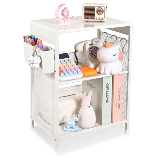 Gugsey White Small Nightstand, Kids Nightstand for Bedroom, End Table with Hooks and Holder, Toddler Bedside Table for Girls, Desk Organizer for Office, Dorm (White)