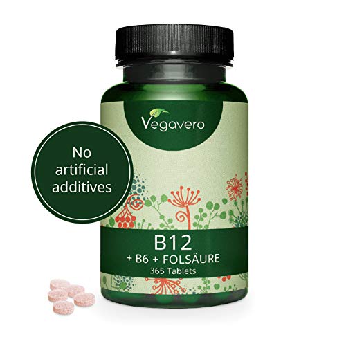 VEGAVERO® Vitamin B12 | 1000µg Methylcobalamin + B6 + Folsäure | 365 Tabletten (12-Monatsvorrat) | Ohne chemische Zusatzstoffe | Hergestellt in Deutschland | Energie  Nervensystem* | Vegan