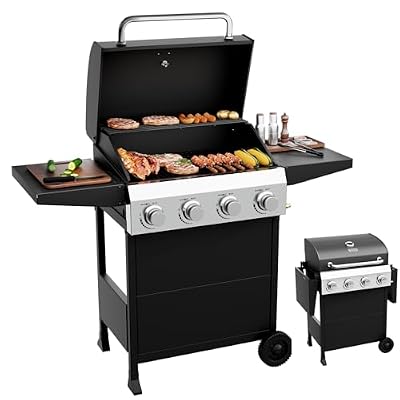 Bonnlo 4 Burners Portable Gas Grill with Enameled Cast Iron Grates, Powerful 40,000 BTU Propane Grill with Side Shelf & Bottom Cabinet, Outdoor Grill with Wheels for Patio Backyard Garden BBQ Use