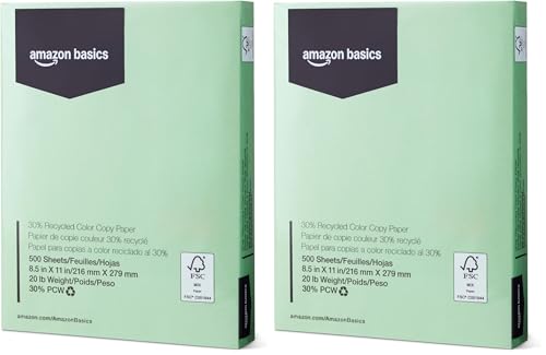 Image of Amazon Basics 30% Recycled Color Copy Paper, 8.5 inch x 11 inch, 20lb, Pastel Green, 500 Sheets (Pack of 2)