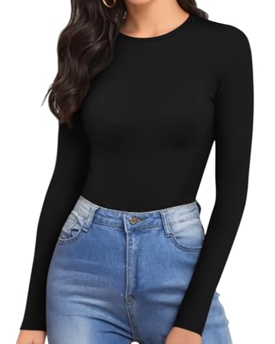 Image of MANGOPOP Womens Bodysuit Long Sleeve Crew Neck Body suit for Women Ribbed Bodysuits Shirts