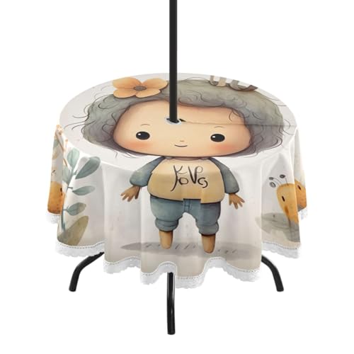 Wajiw 60 Inch Indoor Outdoor Round Tablecloth with Umbrella Hole and Zipper Waterproof Patio Table Cover for Camping Dining Room Party Outdoor Picnic,Cute Child