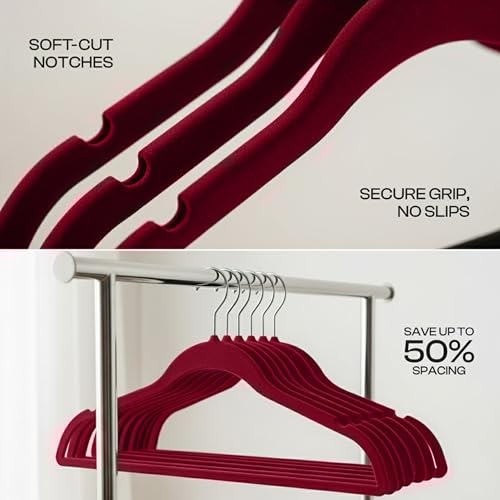 Image of Utopia Home Velvet Hangers, Burgundy, 20 Pack | Luxury Non-Slip Slim Pant & Coat Hangers, Strong Space-Saving Clothes Hangers with Pants Bar and 360 Swivel Hook