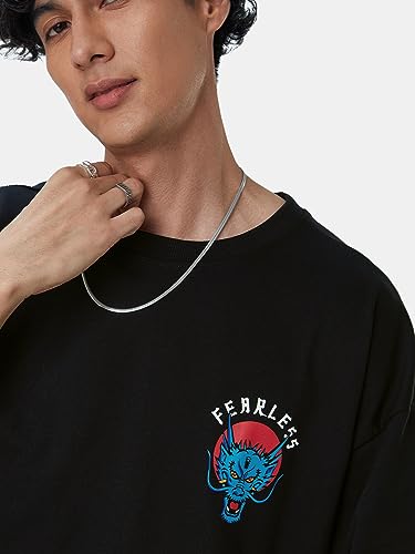 Image of The Souled Store| TSS Originals: Unleash The Dragon Mens and Boys T-Shirts|Half Sleeve|Loose fit Graphic Printed|80% Cotton 20% Polyester Black Color Oversized T-Shirts
