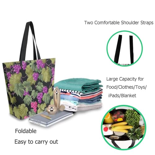 Leaves Branch Grapes Extra Large Canvas Gym Shoulder Tote,Durable Daily Reusable Top Handle Bag for Mens Womens Yoga Weekender Picnic Beach Travel Market Shopping2