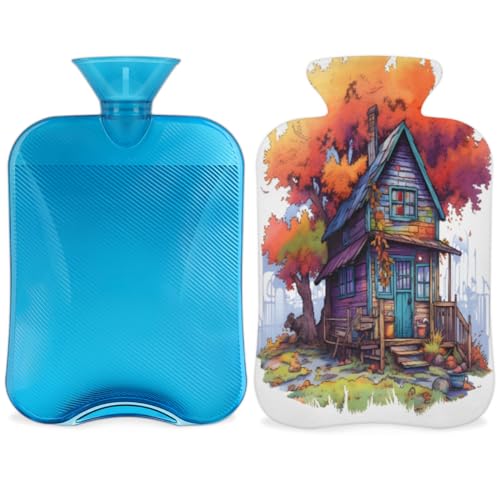 Hot Water Bottle with Soft Cover,2L Graffiti City Hot Water Bag for Hot and Cold Compress, Hand Feet Warmer, Watercolor City Rubber Hot or Cold Water Bottle Halloween Christmas Decorations