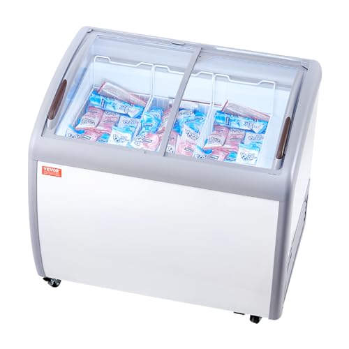VEVOR Vitrina Comercial para Helado, Congelador Horizontal de 264 L, Móvil con Tapa de Vidrio, con 3 Cestas de Alambre, 2 Puertas Corredizas de Vidrio, Ruedas con Bloqueo, Blanco, 990 x 705 x 875 mm