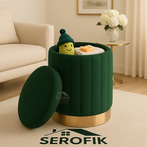 Image of Ottoman Stool with Storage, Round Dutch Velvet Cover Memory Foam Padded 32L Capacity Ottoman Bench Footrest, Pouffe, Office Stool, Makeup Chair, Vanity Chair for Living Room, Bedroom