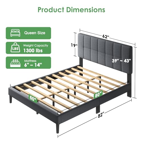 Image of Marsail Queen Size Bed Frame - Upholstered, Adjustable Headboard,6 inch-12 inch Mattress Fit, 1300 lbs Capacity, Sturdy 12-Leg Wood Construction, Easy Assembly, Dark Gray