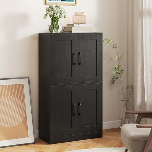 GIANTEX Armario Despensa de Cocina, Alacena con 4 Puertas y 4 Estantes de Almacenamiento, 2 Estantes Ajustables, Kits Antivuelco, 60 x 30 x 110 cm, Mueble Auxiliar para Comedor, Salón, Baño (Negro)
