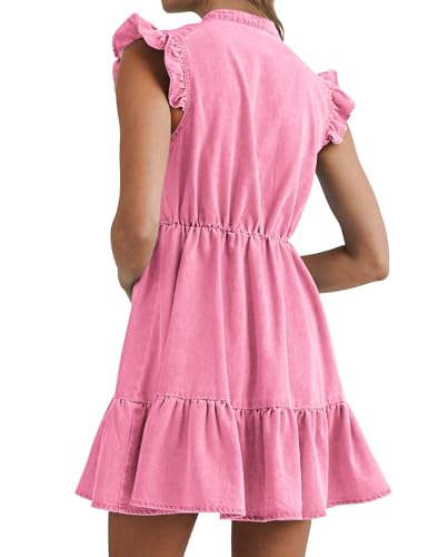 Image of POTILI Denim Dress for Women Mini Jean Dress with Pockets | Ruffle Sleeve, V-neck, Two Side Pockets